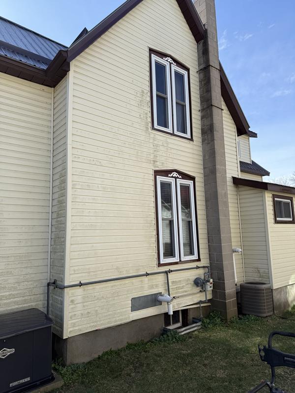 Before: Yellow vinyl siding with grey-green staining around the windows